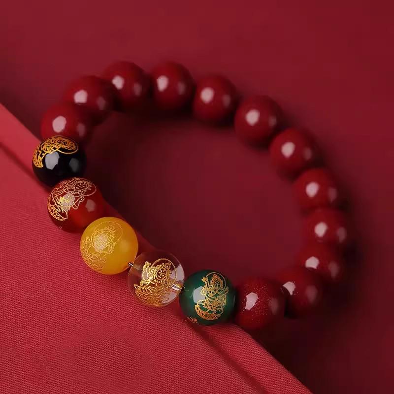 Cinnabar Lucky Bead Bracelet: Attract Wealth with Benmingnian Five Paths God of Wealth Purple Gold Cinnabar Bangle Gift.