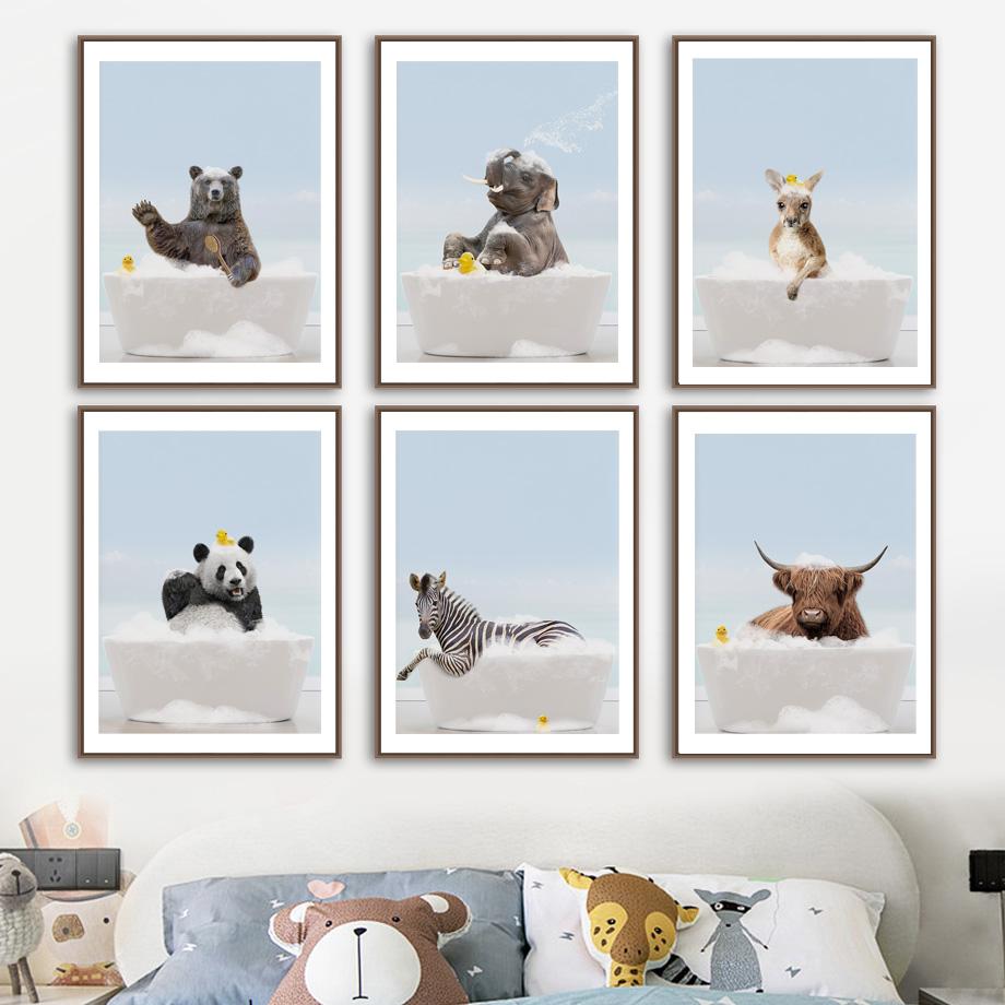 Zvíře ve vaně Lev Tiger Lama Nástěnné umění Obraz na plátně Toaleta Rozmarné Plakáty a obrazy Nástěnné obrazy Legrační dekorace do koupelny