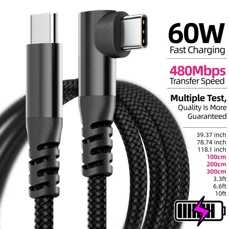 90° USB‑C to USB‑C Cable 1M 2M 3M 10FT,60W PD Fast Charging Data Sync Nylon Braided Type‑C Charging Cord for iPhone 15 15Plus 15Pro Max Android Tablet