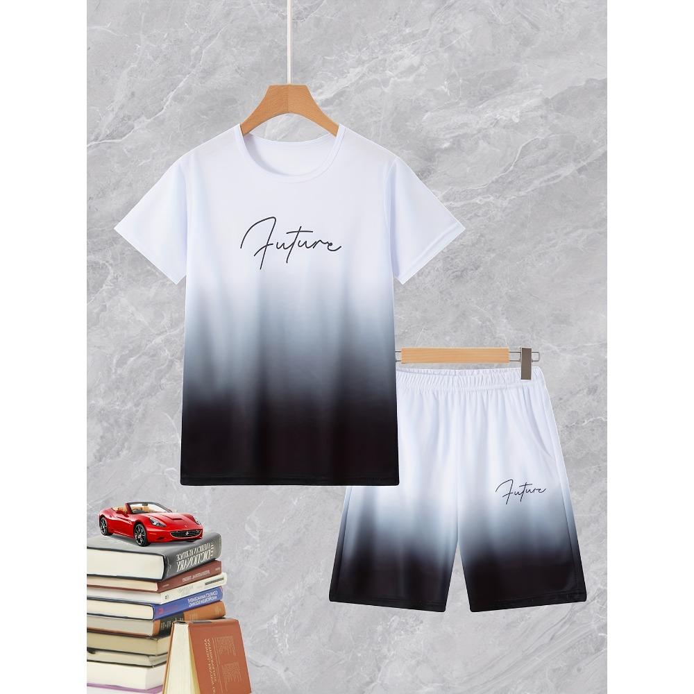 Teenager Summer Sports Casual Short Sleeve Shorts Set Gradient Design Breathable Comfortable Outdoor Sports 110