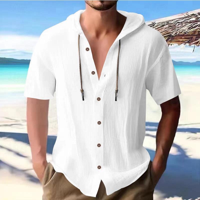 Men's Solid-color Casual Short-sleeved Shirt with A Hooded Drawstring Cotton Cardigan Is Trendy, Versatile and Loose