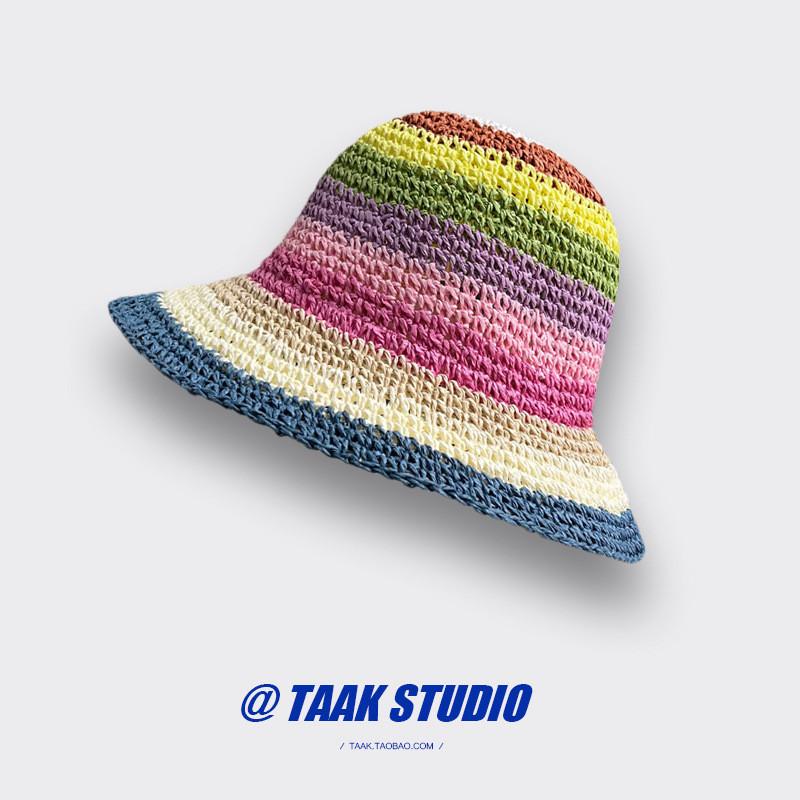 Шикарная женская пляжная шляпа в радужную полоску, соломенная шляпа, солнцезащитный козырек, шляпа рыбака Blue rice