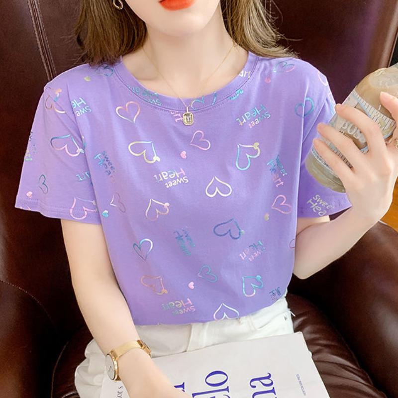 

JKASHDK Женская мода повседневная летняя весна Love Letter Print с коротким рукавом и круглым вырезом блузки и рубашки XXL фиолетовый