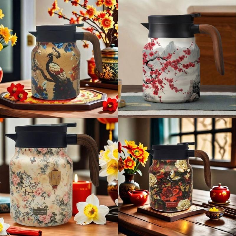 Premium Thermal Florals Teapot 1000ml Removable Infuser Stainless Steels Body And Ergonomic Wooden Handle Teas Kettle