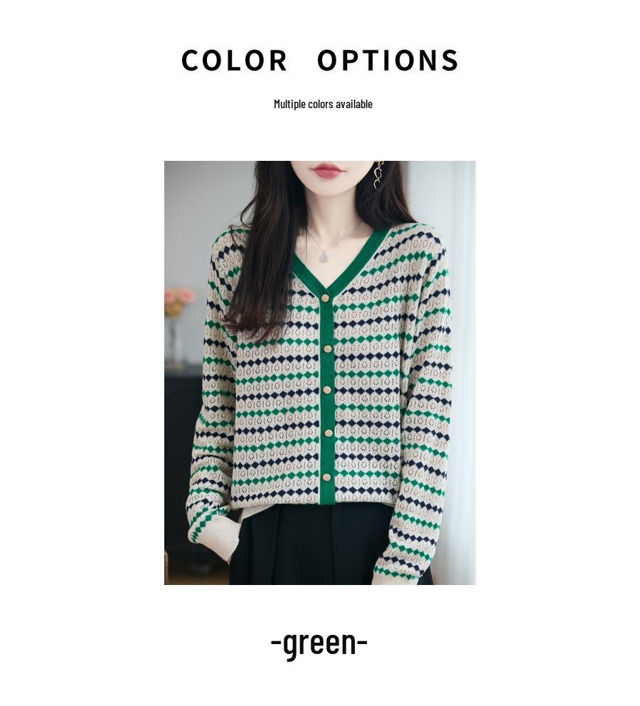 Women's Green Striped Knit Sweater - Autumn/Winter Forest Style