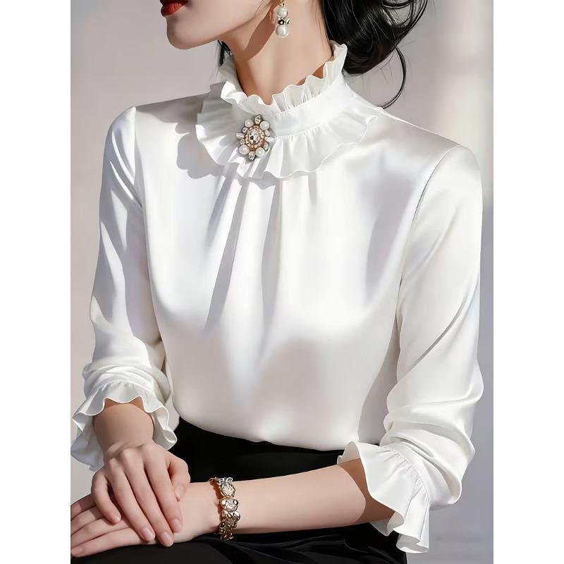 Women ruffled stand collar satin three quarter sleeve shirt multi color slim fit rhinestone pearl brooch office elegant blouse