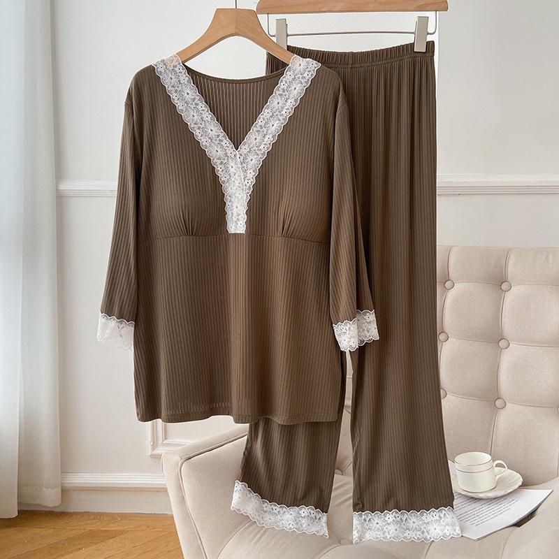 

Spring V-neck Long-sleeve Pajama Set with Built-in Bra Pads - Plus Size XXL (170-200 lbs)