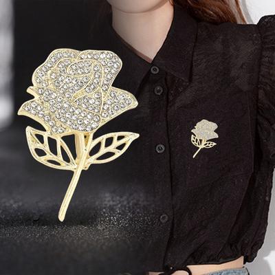 High End Luxury Temperament Rose Brooch Hollowed Out with Diamond Inlay Super Sparkling Pin Versatile Chest Flower Accessory