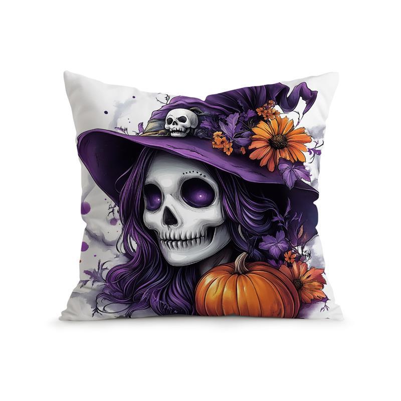 Home Decor Halloween Witch-Themed Skull & Pumpkin Pillows Pattern Cushion Cover Suitable For Sofa Bedroom Car Pillow Cover