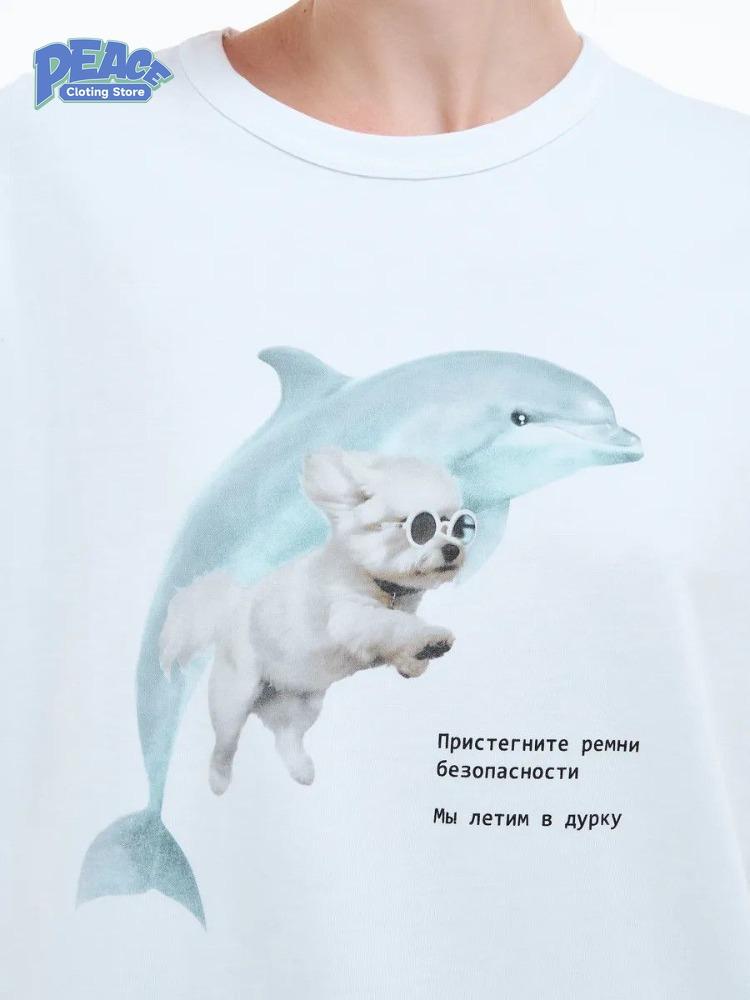 Cute Dolphin and Dog Printed T-shirt 100% Cotton T-shirt Women's Clothing Summer Fashion Casual Comfy Short Sleeve Top Vintage