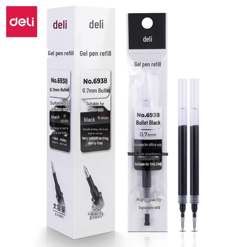 Deli 6938 Gel Pen Refills, 0.7mm Black (10-Pack)
