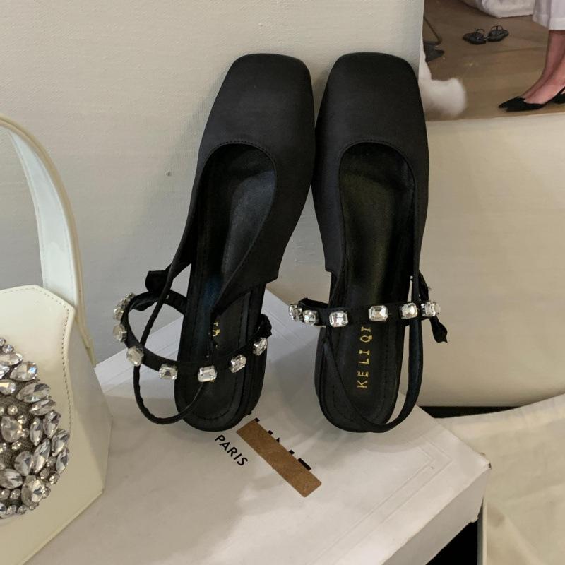 2025 new retro Mary Jane single shoes back strap summer square head medium heel French bag head sandals women's spring and autumn