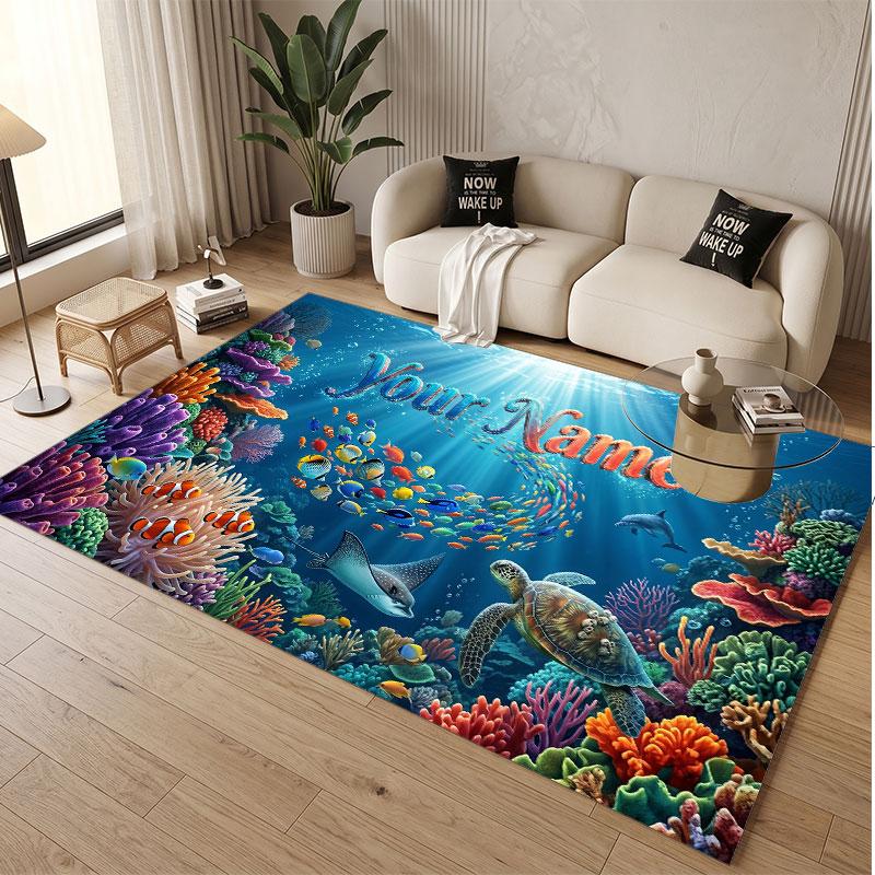 Fish Ocean Theme Soft Crystal Velvet Rug Custom Name & Text Print Non Slip Floor Rug for Bedroom Living Room