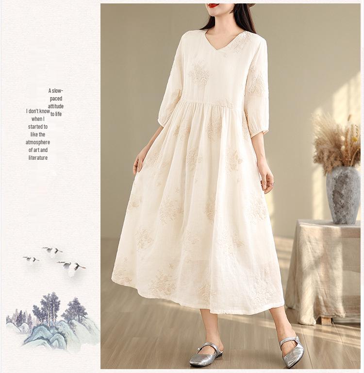 Elegant French Fairy Dress - Women's Heavy Embroidery Ramie Long White Dress
