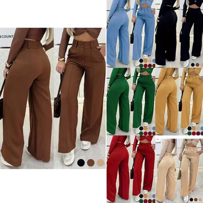Women's High Waist Wide Leg Pants with Button Detail
