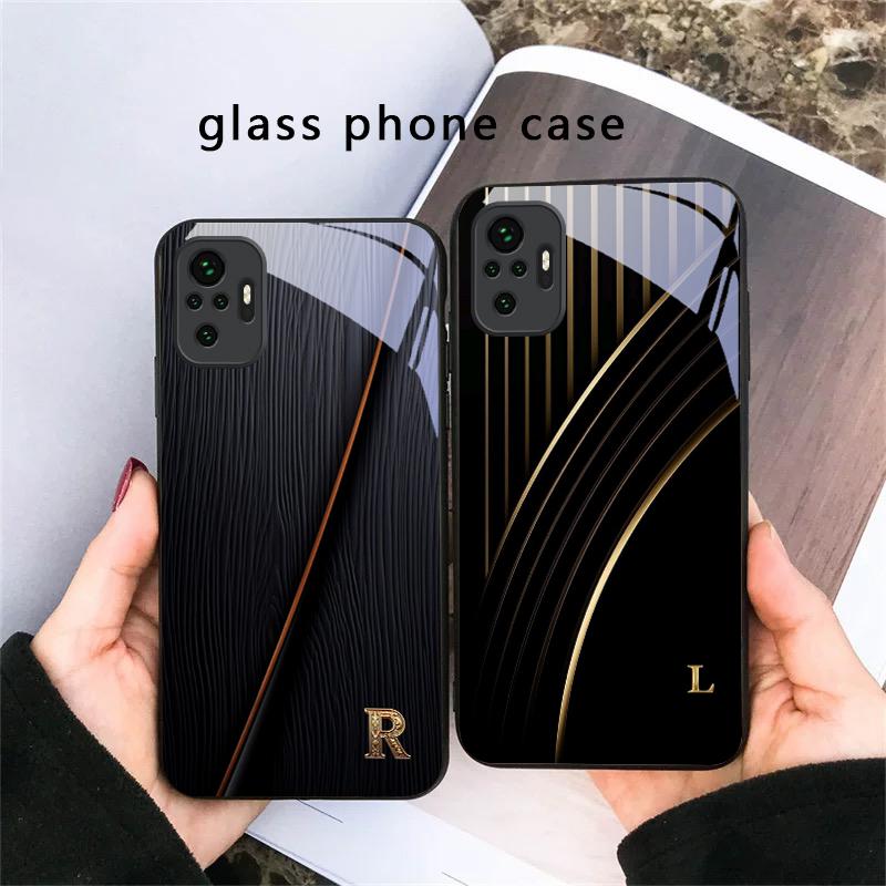 Elegant letter 'S M R' For Redmi Note 14 Pro+ 13 Pro 8 9 9S 12S 10 Pro 11 12 13C 14C A3 12 13 K60 Ultra Black Glass Phone Case