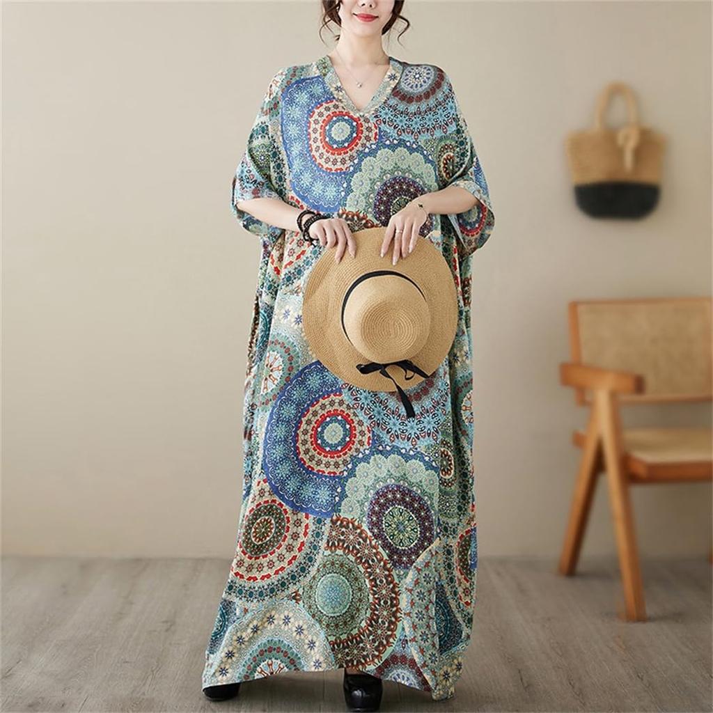 Sommer Maxikleid Lang Übergröße Retro Floral Ethnisch Maxikleid Locker Elegant Einheitsgröße Passt [Mohokyo] Damenkleid, Kleid, V-Ausschnitt, Größe, Druck, Tunika, Länge,