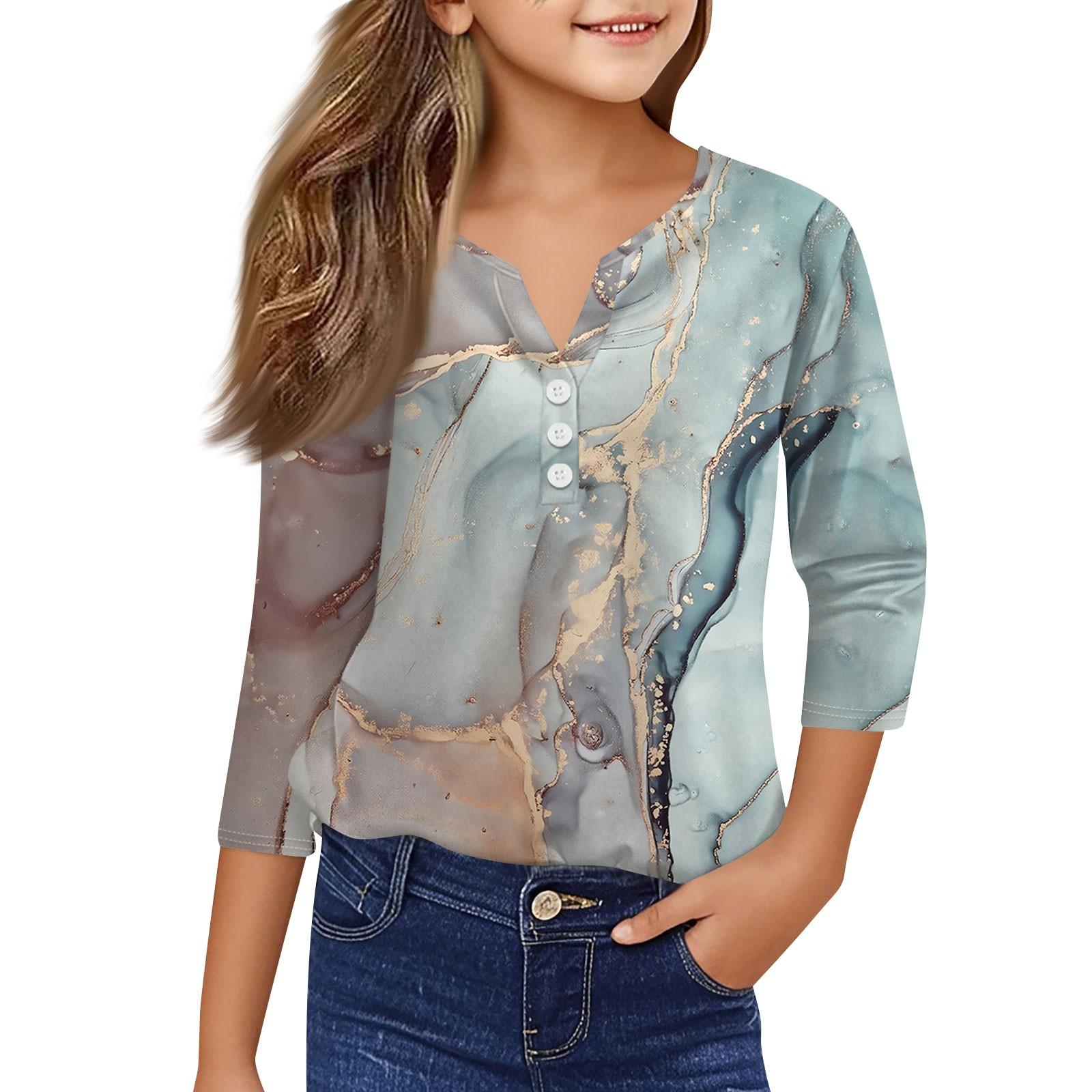 

Повседневные модные топы для девочек с принтом, футболка с семью рукавами и пуговицами 140