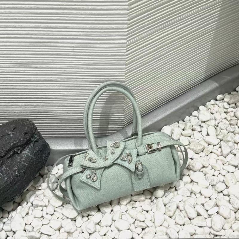 Small Vintage-Style Denim Sausage Bag With Leather Buckle Strap Women Streetwear Casual Use