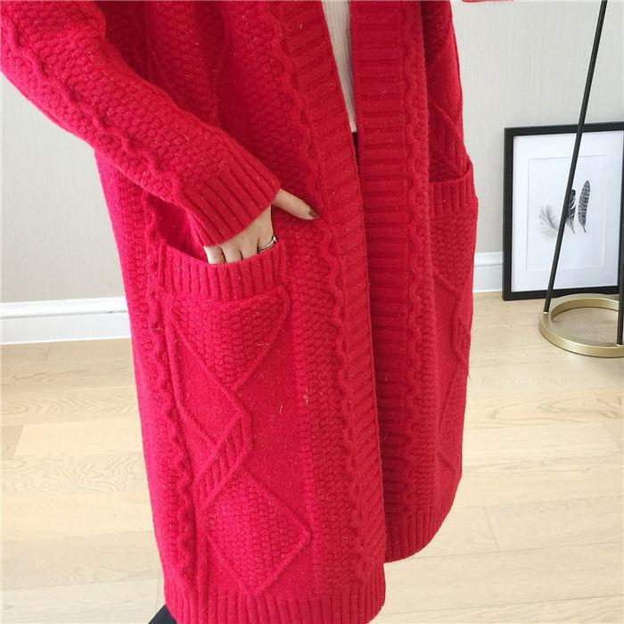 Loose V-neck Mid-length Knitted Cardigan for Women Diamond-shaped Twisted Sweater Coat Solid-color Casual Long-sleeved Cardigan