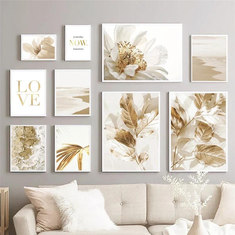 Nordisk moderne kunst Bilde Lerretsmaleri Veggkunst Golden Leaf Beach Scenery Plakat og trykk for hjemmeinnredning Stuedesign