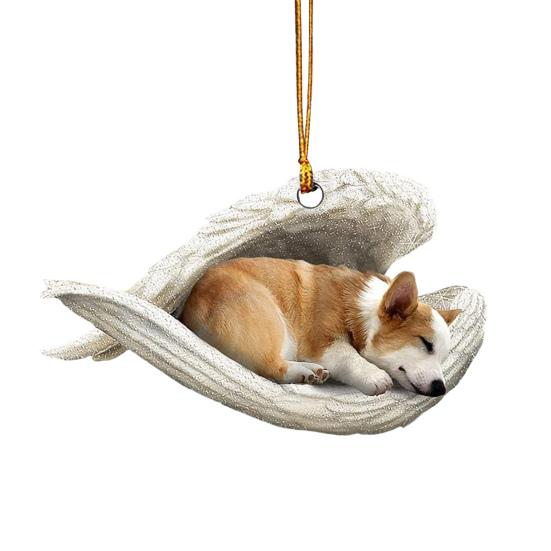 Dog Sleeping In Angel Wings Ornament 2D Flat Car Rear View Mirror Hanging Charm Pet Memorial Keepsake for Christmas Tree Car Interior Accessories