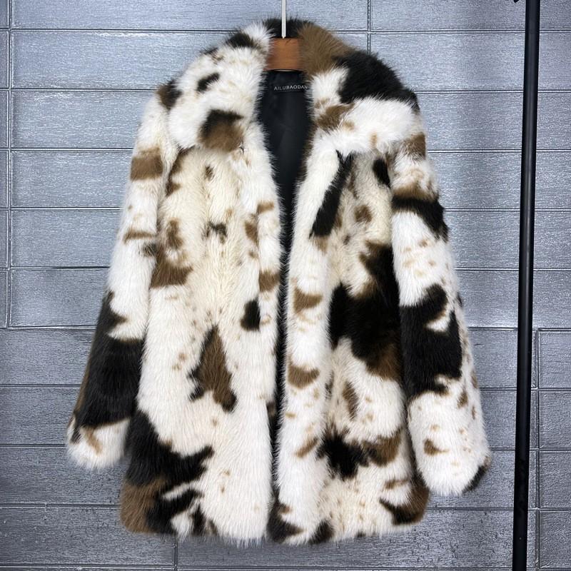 Damen Mittellanger Kunstpelzmantel Kuh Turn-Down Kragen Street Style S-M-L