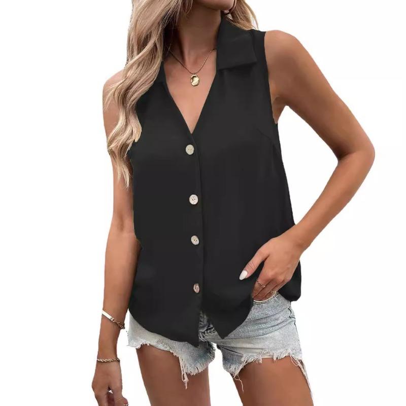 Summer Sleeveless V-neck Vest Shirt Women Casual Loose Blouse Large Office Chiffon Shirts Elegant Button-up Tops Solid Color Simple Fashion Clothing