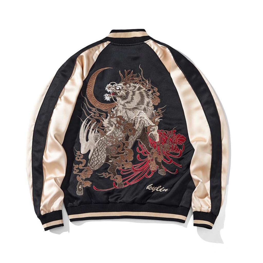 East Rain Sukajan Embroidered Satin Japanese Kirin and Yokosuka Baseball FUN229 Jacket, Fabric, Design, Shiny, Unisex, Outerwear, Jacket,