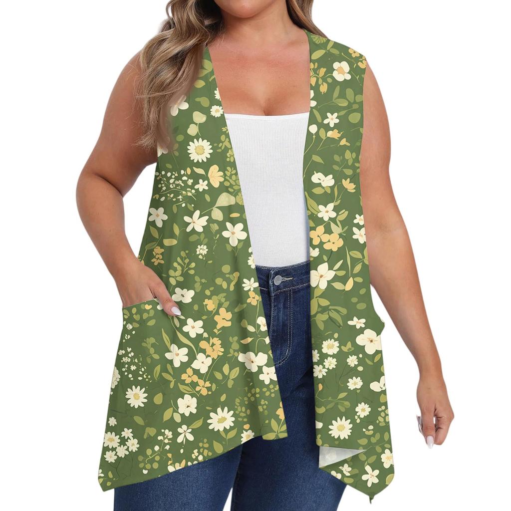 Women's Oversized Loose Casual Printed Sleeveless Vest With Pocket Cardigan Jacket Cardigan Jacket
