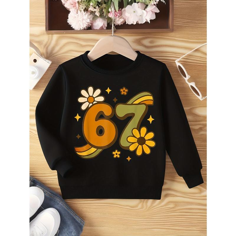 Kids Unisex Black Crewneck Sweatshirt, Retro Daisy Rainbow Star 67 Number Graphic Long Sleeve Pullover, Soft Fleece Sweatshirts for Boys Girls Ages 4+