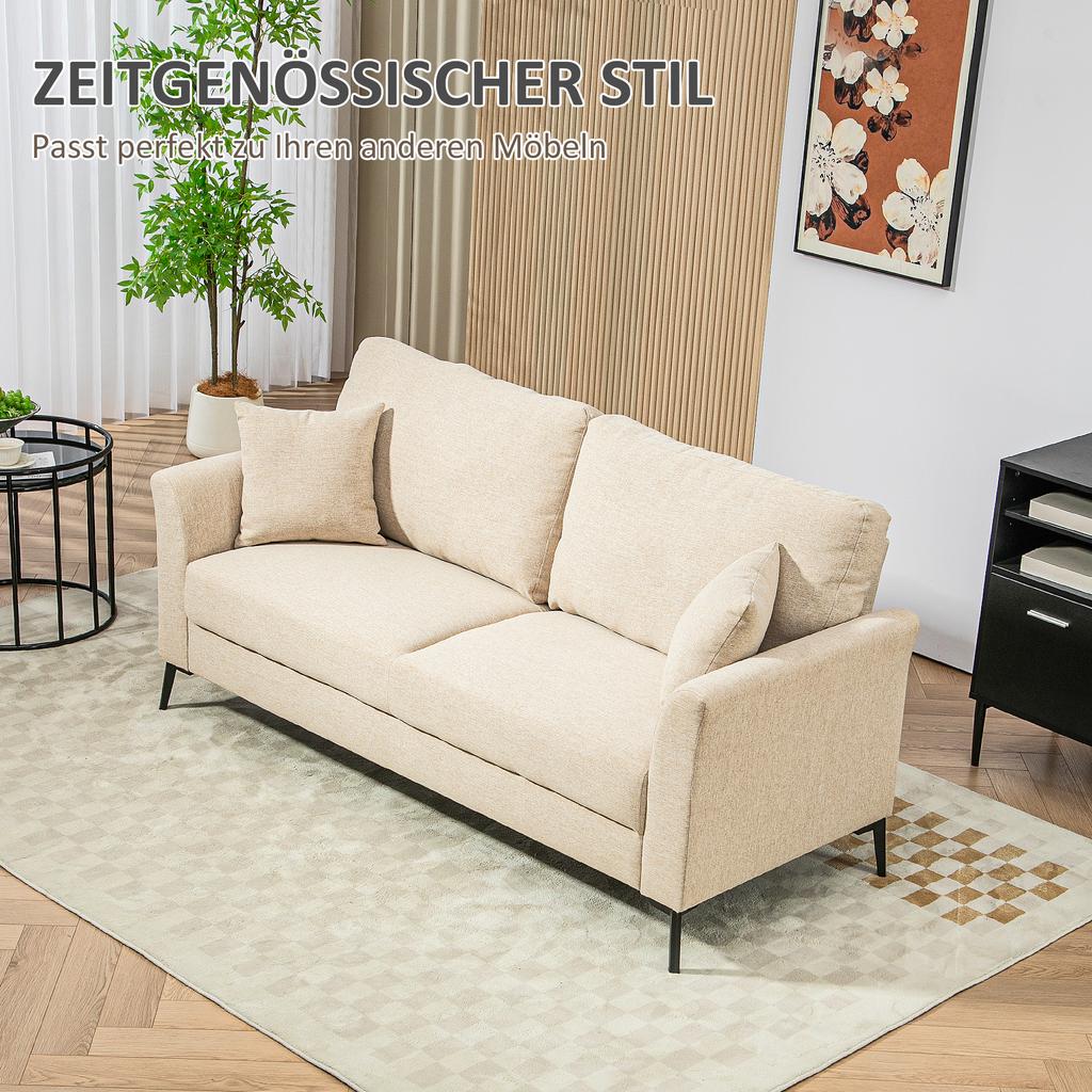 2-Seater Sofa with Linen Look, Thick Padding, Up To 360 Kg, 179 X 80 X 89 Cm, Beige