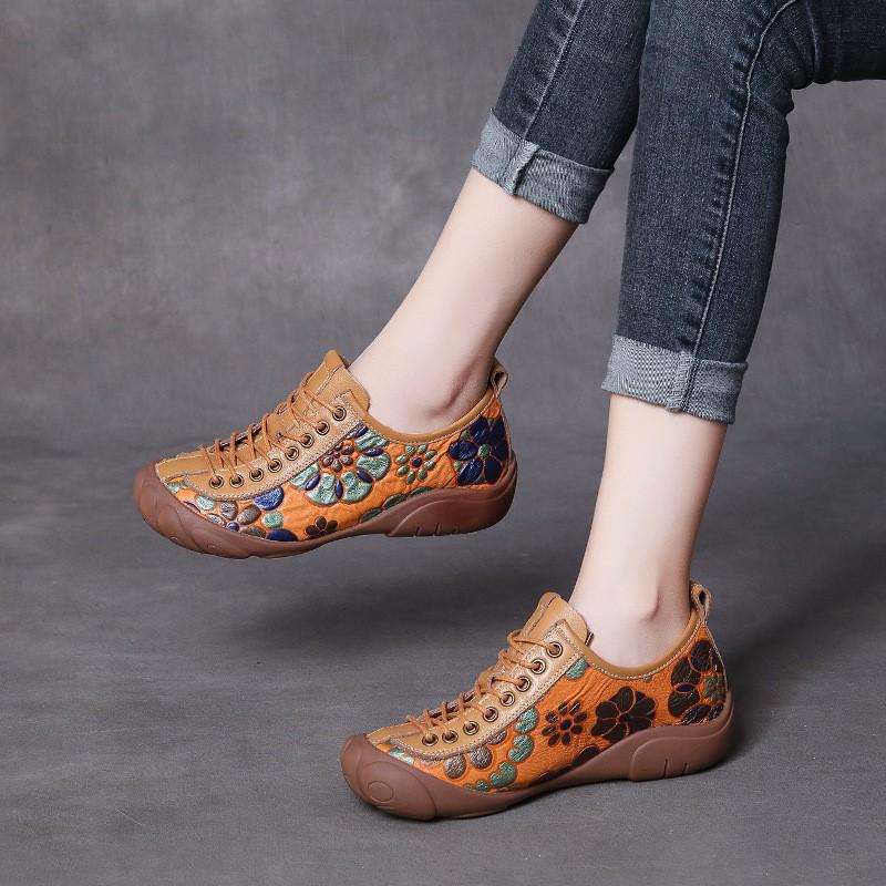 Johnature Ethnic Style Retro Handmade Genuine Leather Soft Soled Shoes Cowhide Lace-up Women's Flat Shoes