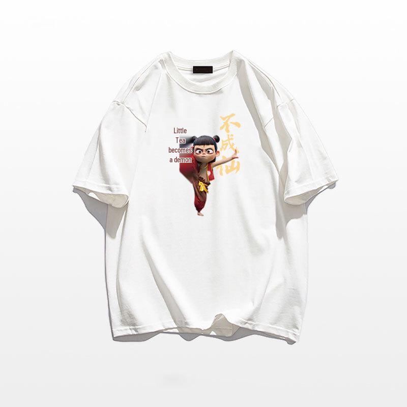 

2025 Новая футболка унисекс с принтом Нечжа из хлопка с коротким рукавом - Летняя свободная посадка XL белый