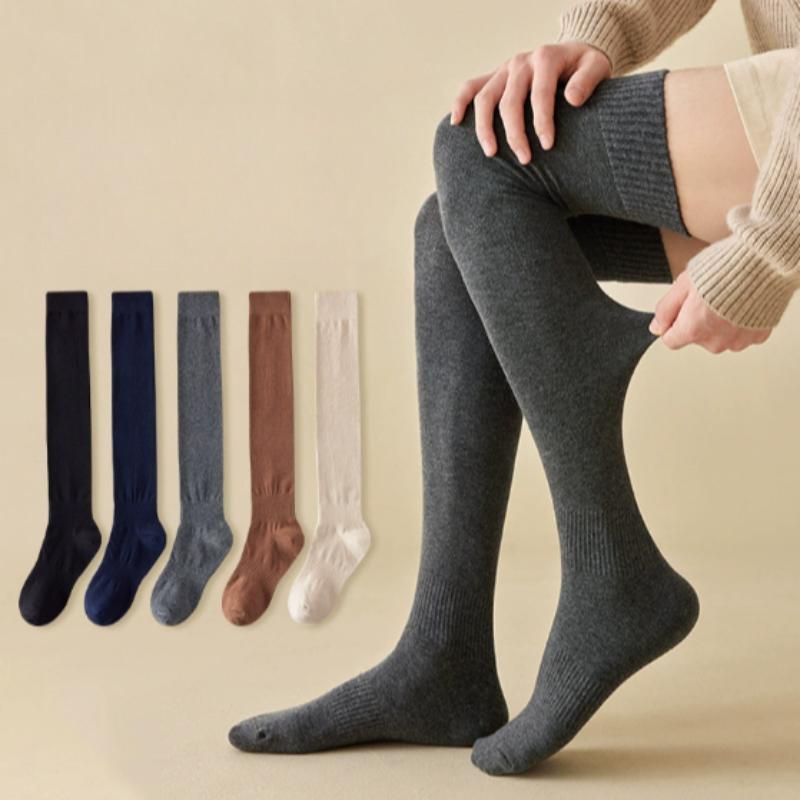 Korean Style Simple Solid Color Plush Thicken Stockings Female Winter Terry Thermal Casual Comfortable Slim-Fit Thigh High Socks
