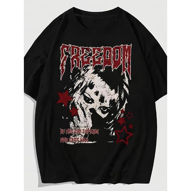Round Neck Tshirt Gothic Grunge Freedom Star Print Punk Rock Aesthetic Streetwear Pattern Tshirt Y2k Trend