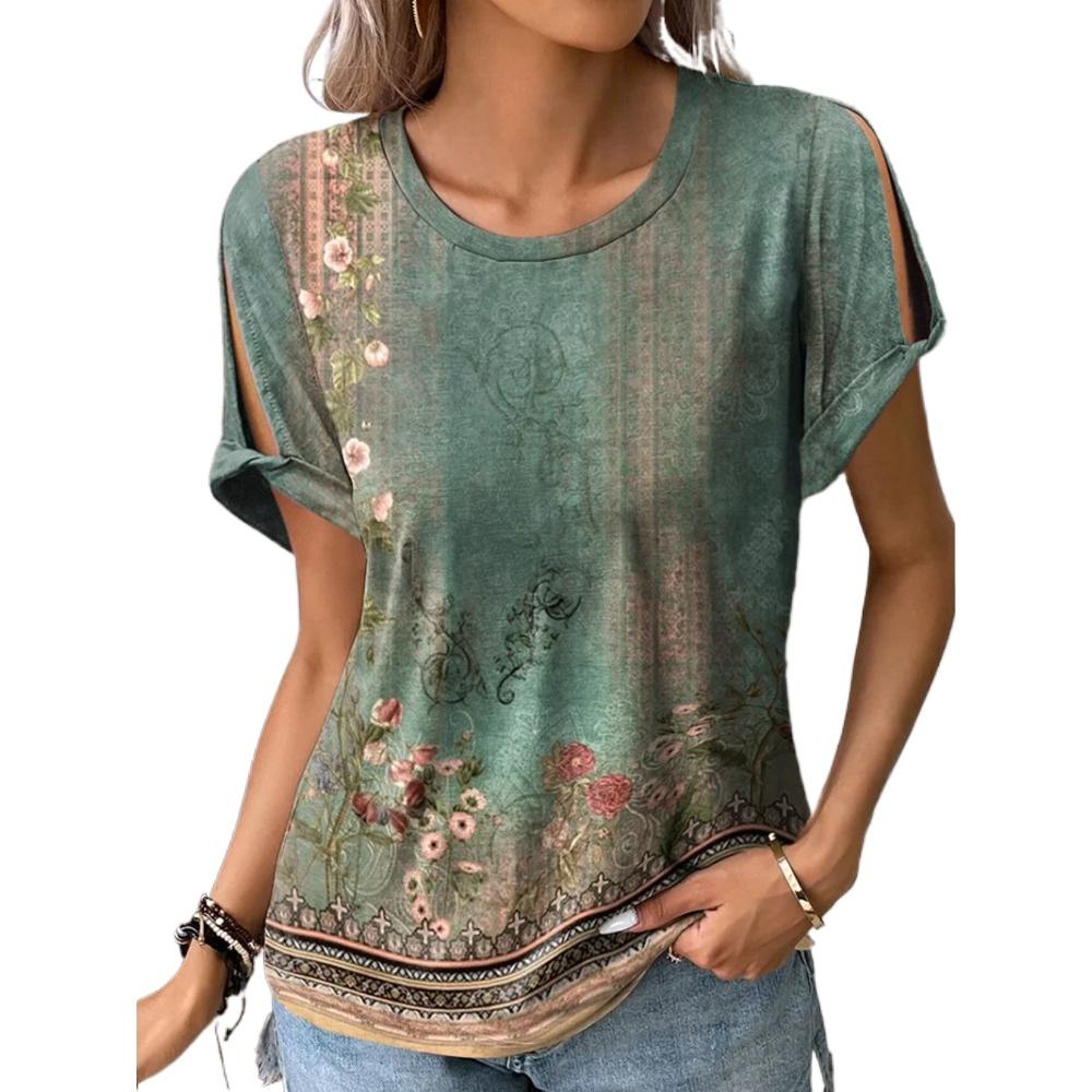 HNXC Damenmode, lässig, Sommer, Blumendruck, kurzärmelig, O-Ausschnitt, Blusen & Hemden