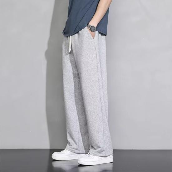 Men Cargo Pants Drawstring Elastic Waist Solid Color Thin Pockets Loose Straight Wide Leg Sport Trousers Daily Wear Casual Pants