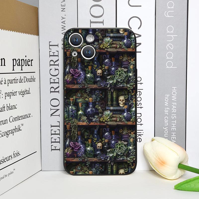 Vintage Totenkopf Blume Bücherregal Bemalte Handyhülle für IPhone 16 12 11 14 13 15 Pro Max Mini X XS XR SE2020 7 8 14Plus Weiche Hülle