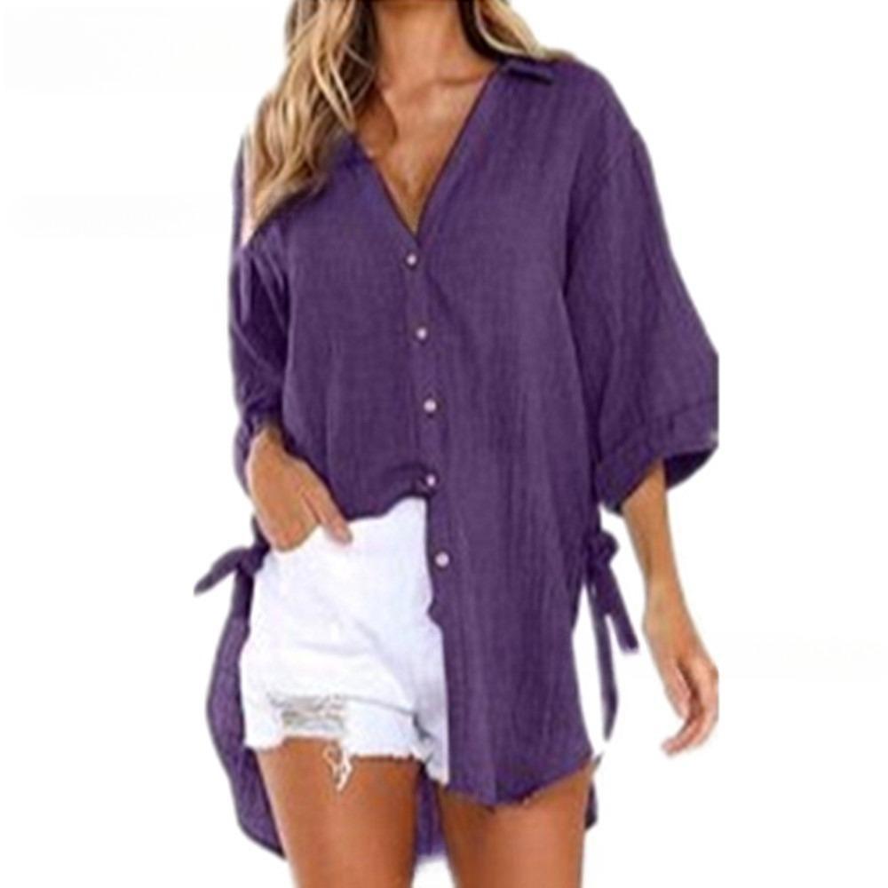 

Casual Polo Neck Long Sleeve Blouse with Button-Up and Tie-Side Design XL фіолетовий