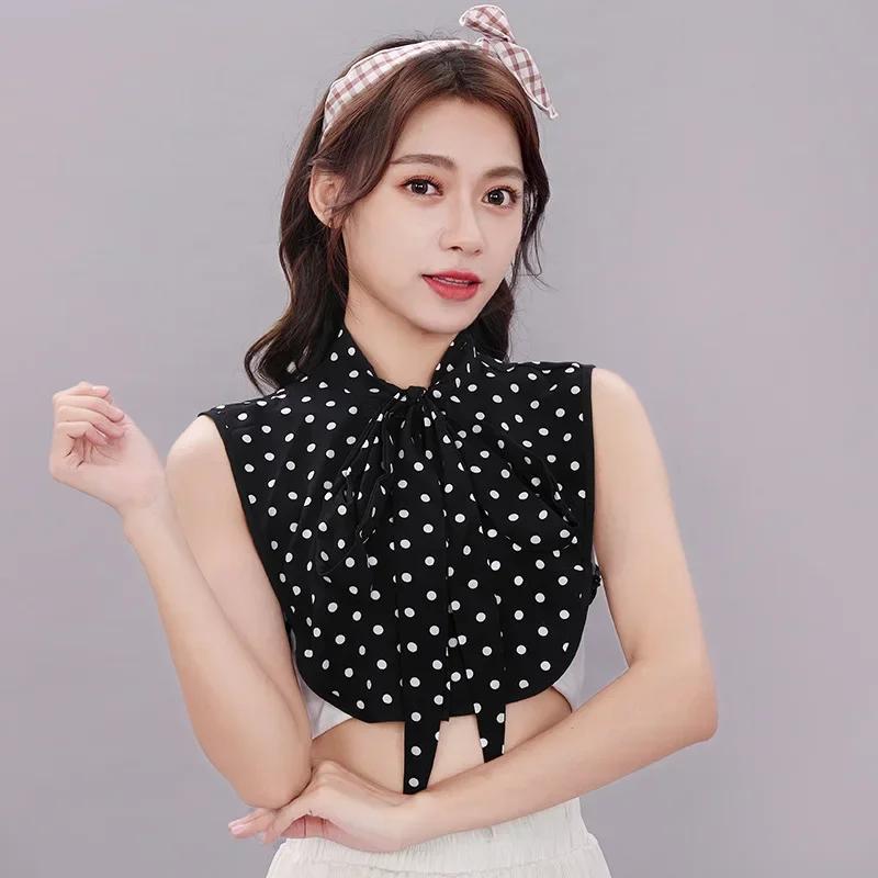 Perfect Match Women Polka Dots Bowknots Shirt Fake Collar Tie Cotton Detachable False Collar Lapel Blouse Top Autumn Sweater Decorative