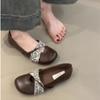 Sheepskin Version! Retro Splicing Round Head Mary Jane Shoes Women's One-pedal Flat-soled Single Shoes Brown Soft-soled Beanie Shoes