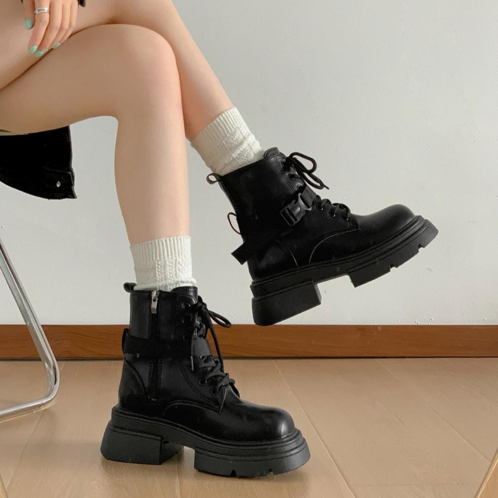 Black retro British style thick-soled heightening Martin boots women's 2025 new summer high-end skirt short boots