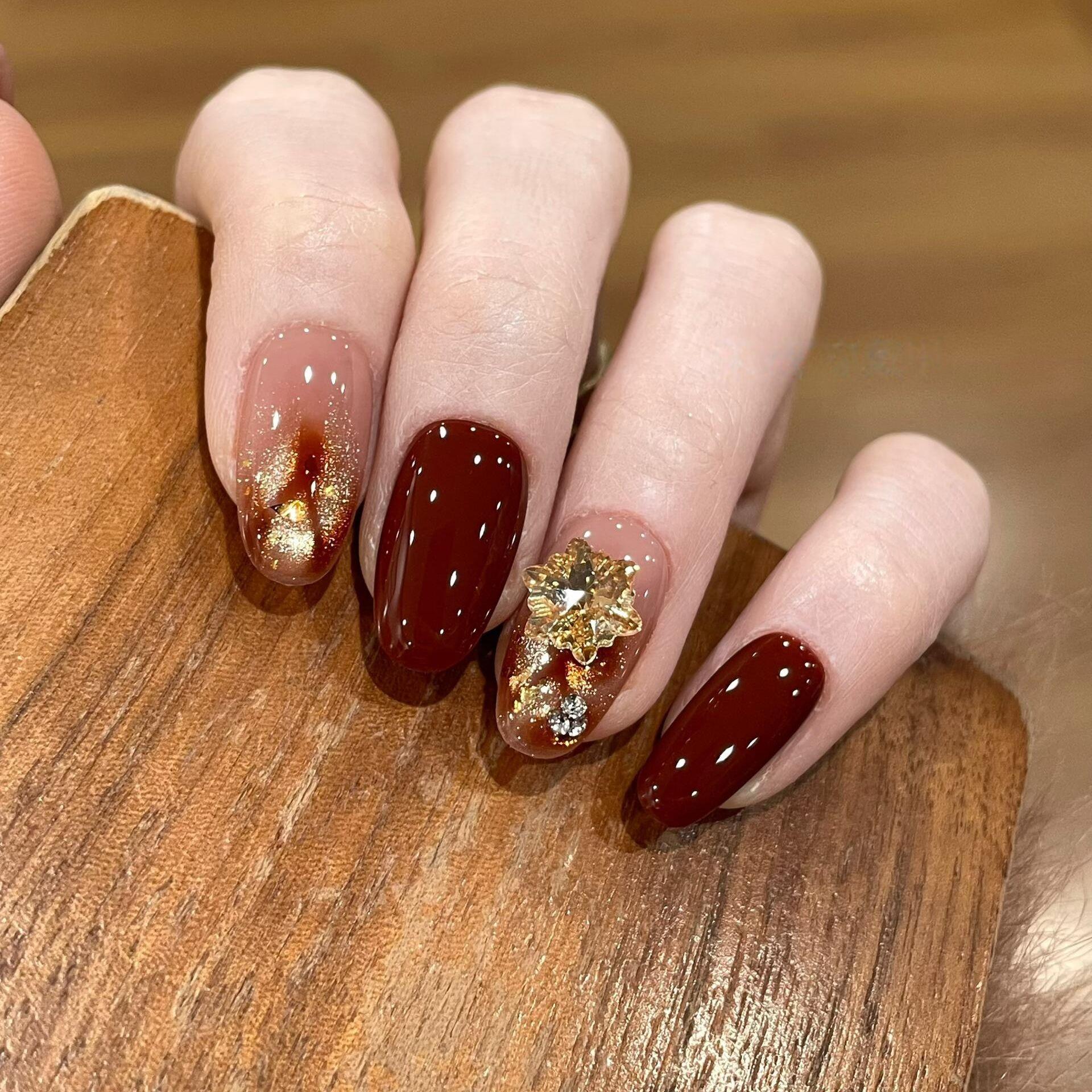 ins wind star zirconium smudge caramel cat s eye pure handmade wearing nail short whitening nail patch fake nail wholesale XS