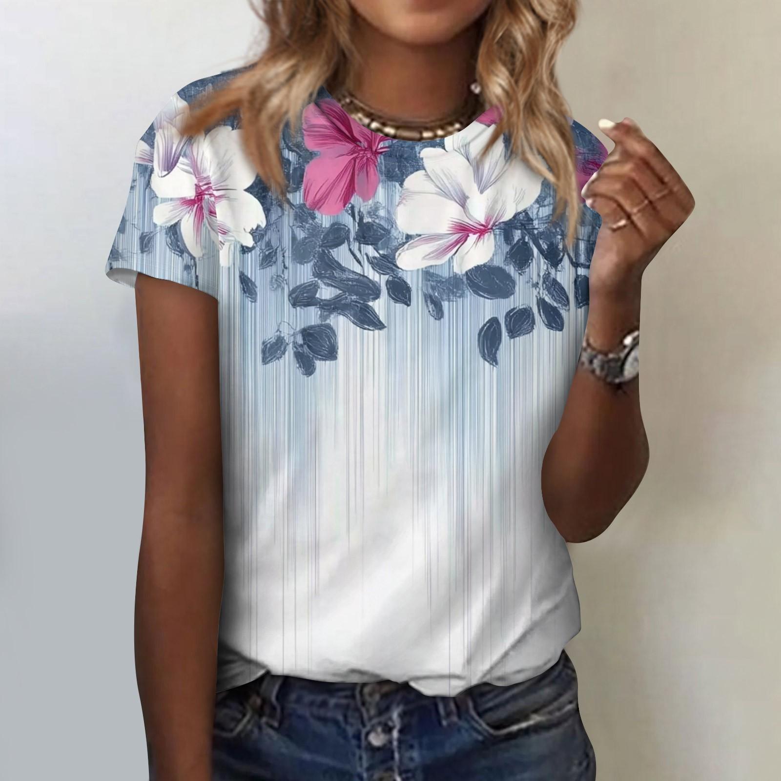 

Женская модная повседневная блузка с круглым вырезом и короткими рукавами с цветочным принтом L белый