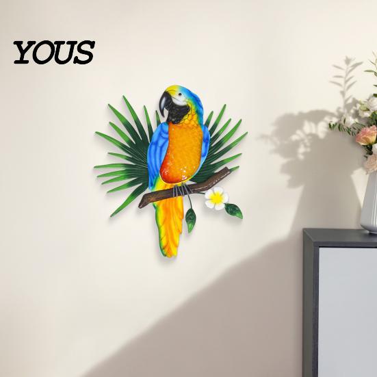 Rust-proof Garden Hanging Metal Parrots Wall Art Decor, Bird Parrot Flower Leaf Decor Pendant, Outdoor Tropical Ornament,