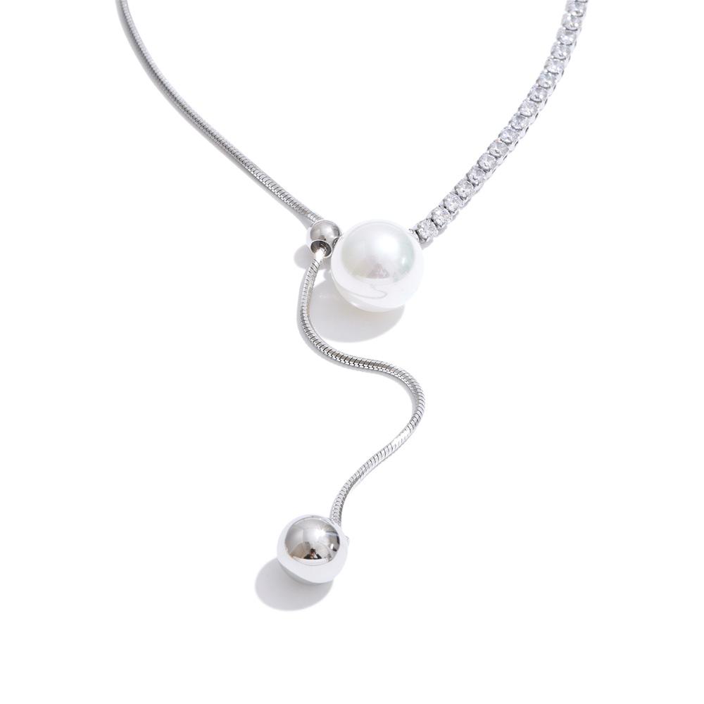 

Yhpup High Quality Cubic Zirconia Chain Simulated Pearls Round Drop Korean Necklace Stainless Steel Charm Fashion Bling Jewelry