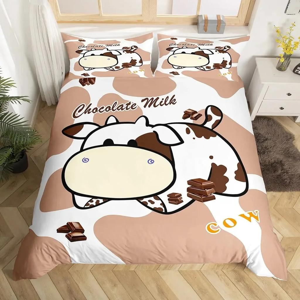 Milk Cow Pattern Bedding Set King Queen Animals Theme Comforter Cover Chocolate Brown Duvet Cover Cute Kawaii Cattle Quilt Cover