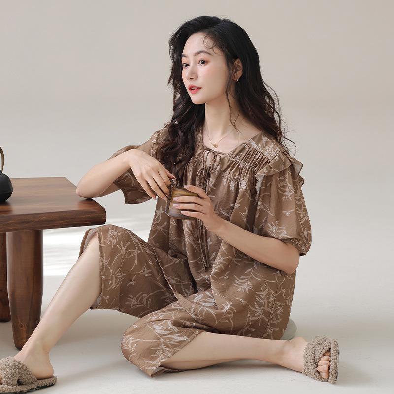 Pajamas Women's 1011 New Summer Thin Short-sleeved Tencel Court Style Large Size Can Be Worn Outside Loungewear Suit