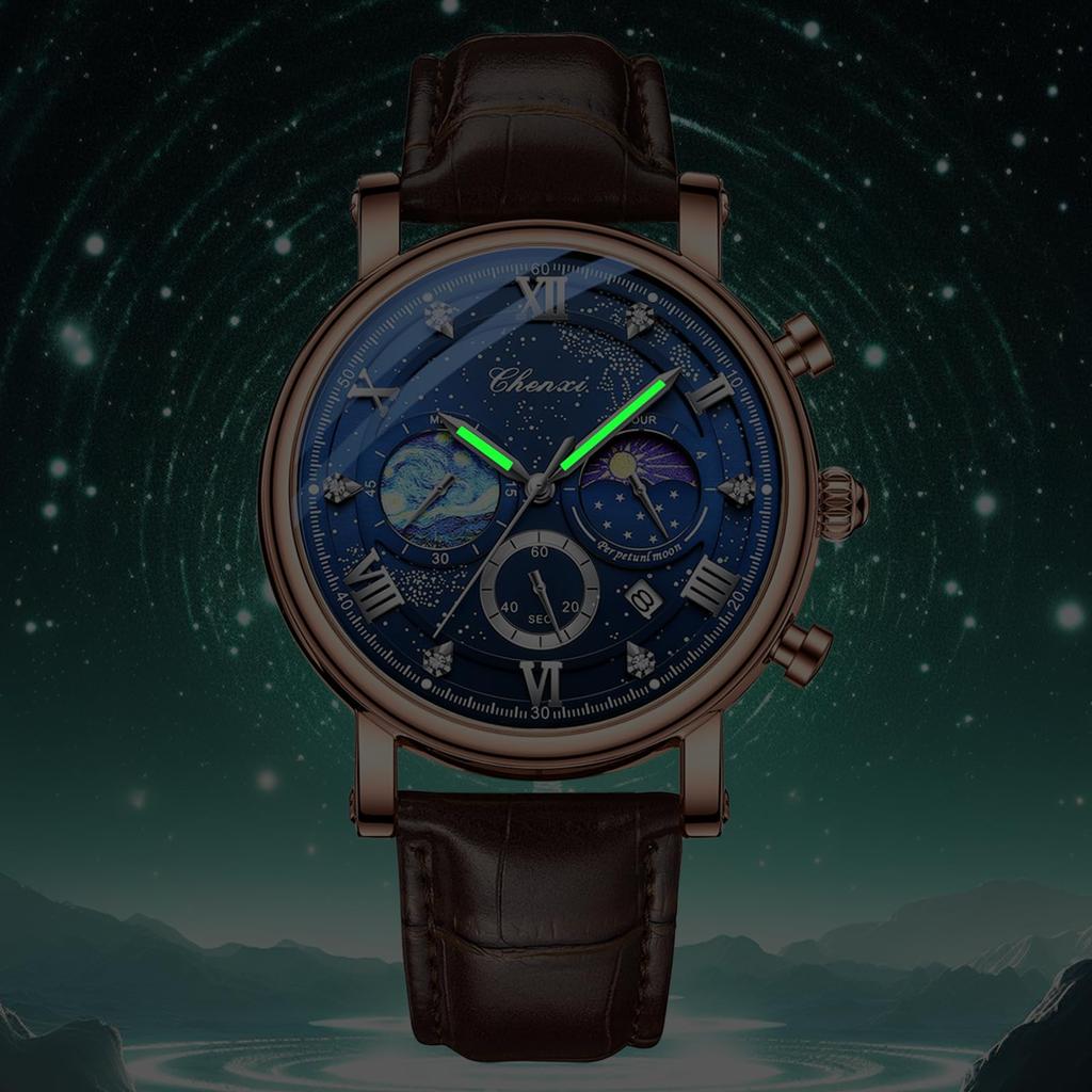 JEWELRYWE Men's Leather Belt Watch 3ATM Water Resistant Brown Roman Numerals Analog Luminous Calendar Quartz Fashion Gift